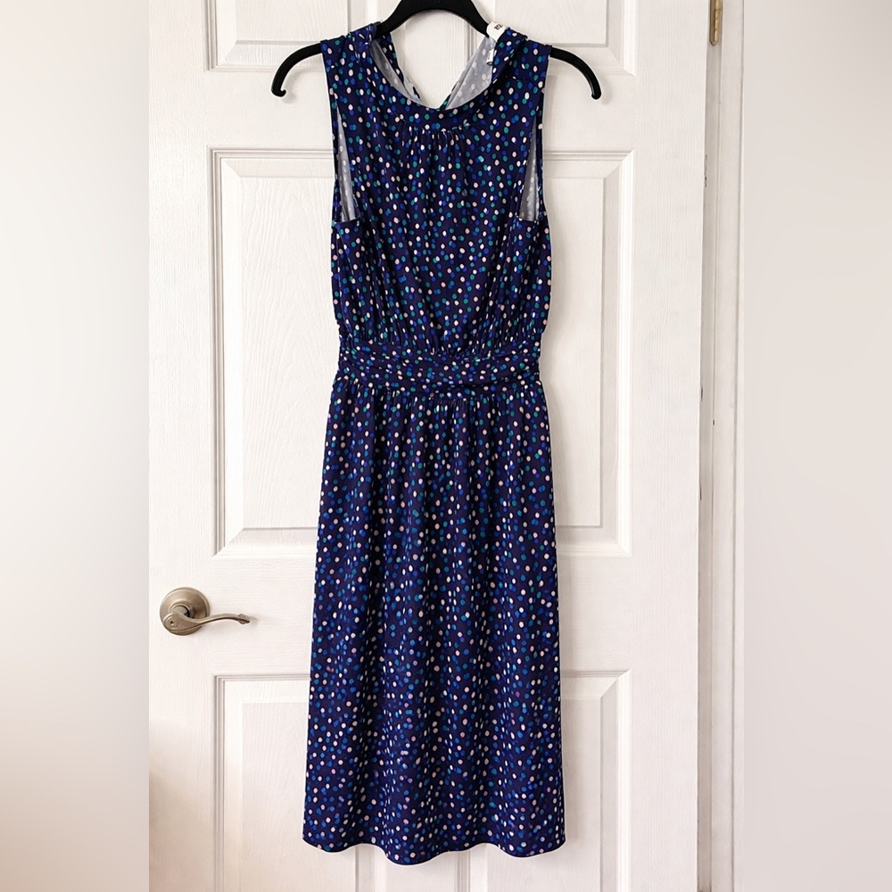 Leota Navy Polka Dot Sleeveless Midi Dress